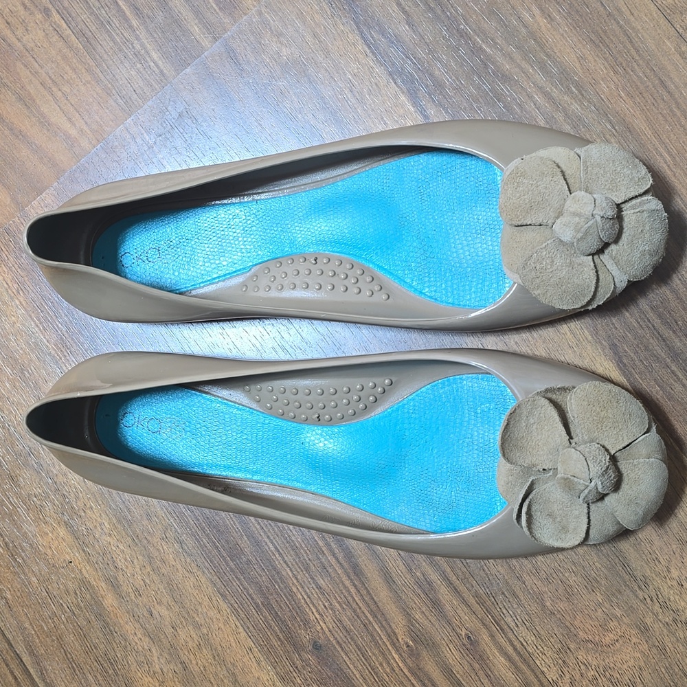 OKA b. Tan Flats with Suede Floral Accent